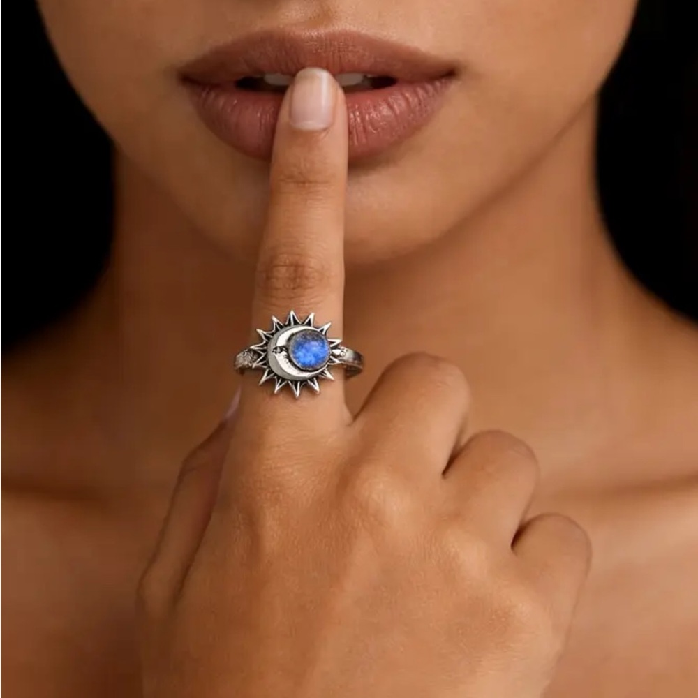 Sterling Silver Sunburst Ring with Blue Gem